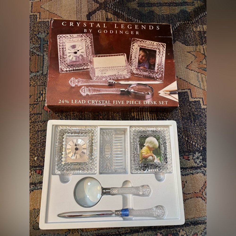 VINTAGE GODINGER CRYSTAL LEGENDS FIVE PIECE CRYSTAL DESK SET
